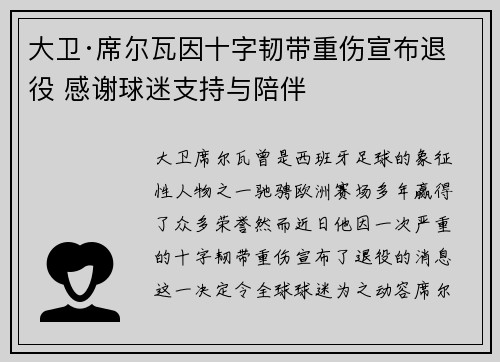 大卫·席尔瓦因十字韧带重伤宣布退役 感谢球迷支持与陪伴 大卫·席尔瓦因十字韧带重伤宣布退役 感谢球迷支持与陪伴