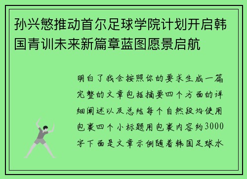 孙兴慜推动首尔足球学院计划开启韩国青训未来新篇章蓝图愿景启航