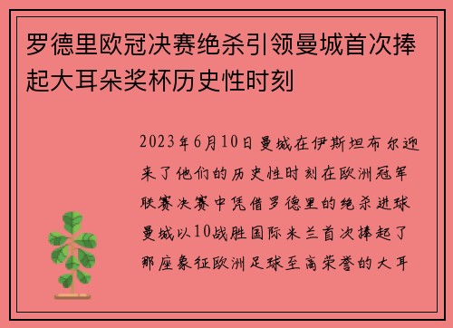 罗德里欧冠决赛绝杀引领曼城首次捧起大耳朵奖杯历史性时刻