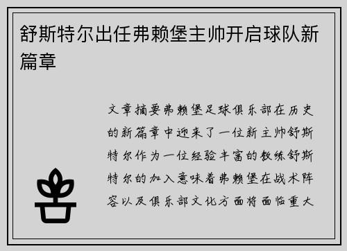 舒斯特尔出任弗赖堡主帅开启球队新篇章